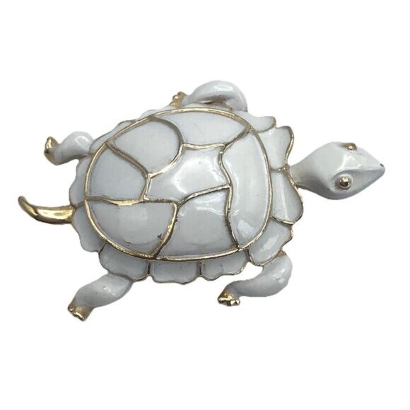 Vintage Turtle Enameled Brooch Pin White Gold 2 Inch - Picture 2 of 3